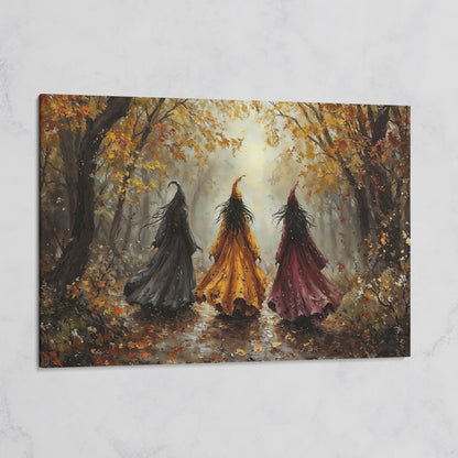 Trio of Witches in the Autumn Forest Canvas Wall Art on gallery wrap