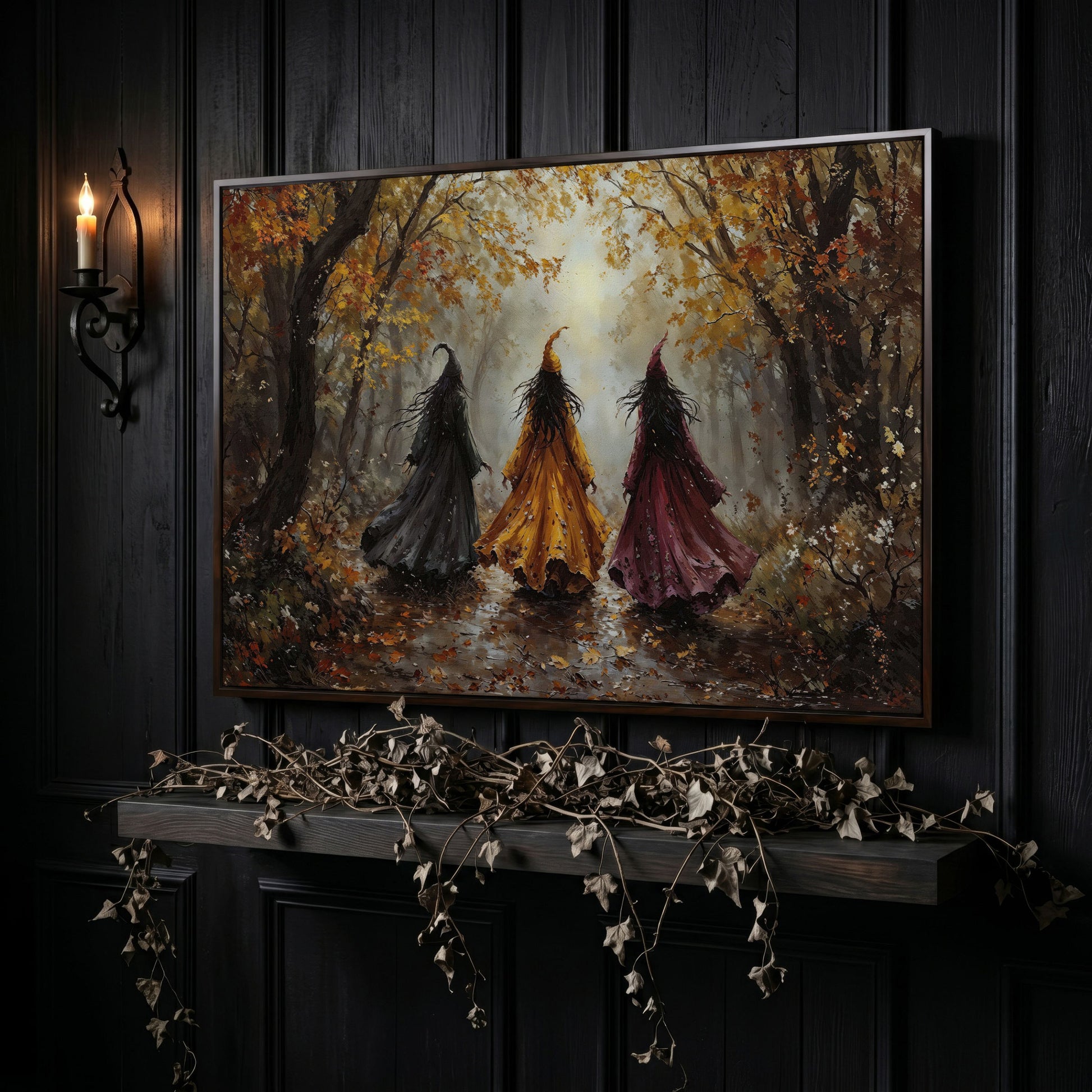 Trio of Witches in the Autumn Forest Canvas Wall Art in dark walnut floating frame