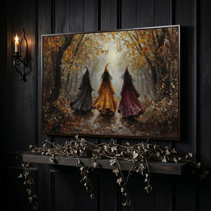 Trio of Witches in the Autumn Forest Canvas Wall Art in dark walnut floating frame