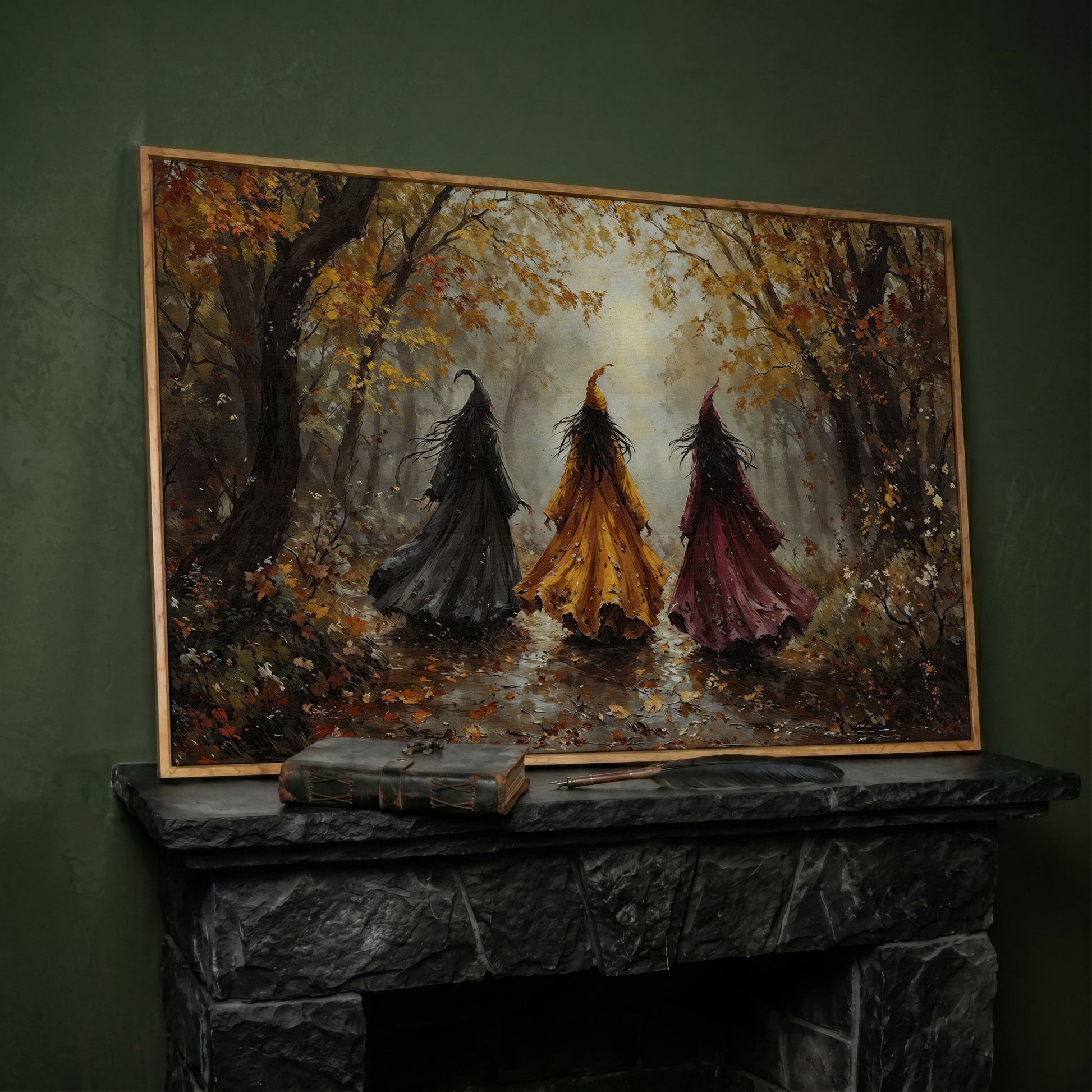 Trio of Witches in the Autumn Forest Canvas Wall Art in white oak floating frame