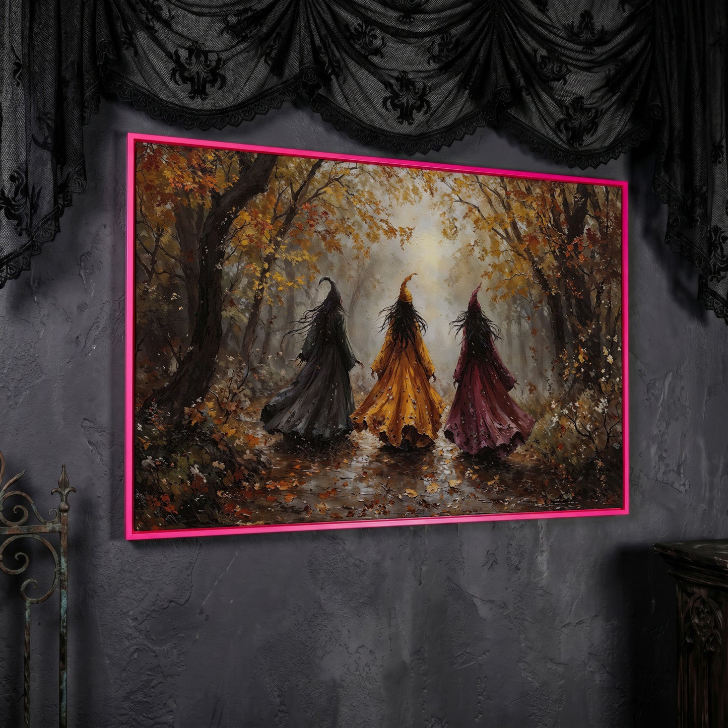 Trio of Witches in the Autumn Forest Canvas Wall Art in pink floating frame
