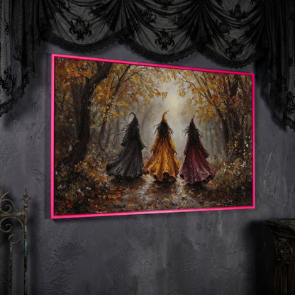 Trio of Witches in the Autumn Forest Canvas Wall Art in pink floating frame