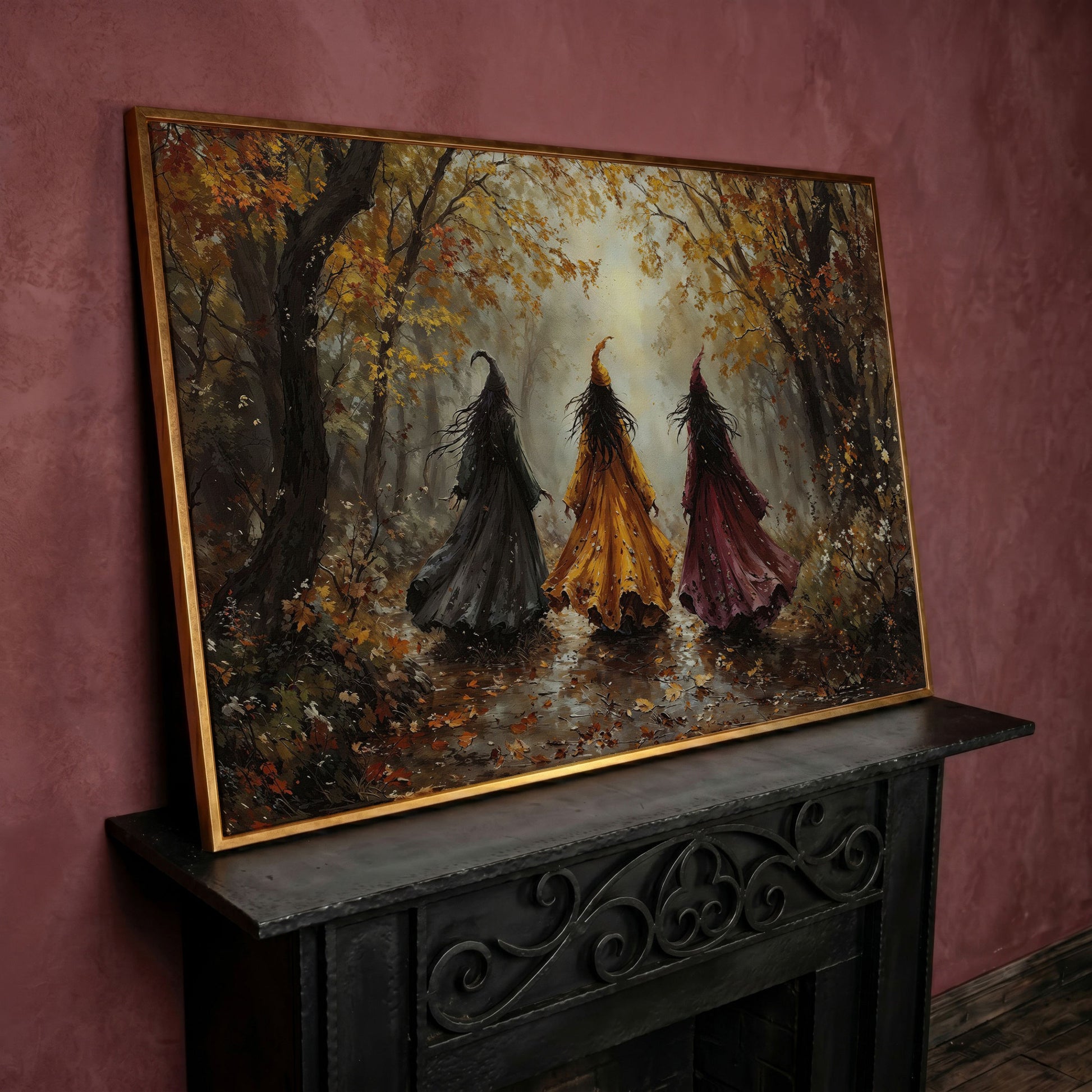 Trio of Witches in the Autumn Forest Canvas Wall Art in rose gold floating frame