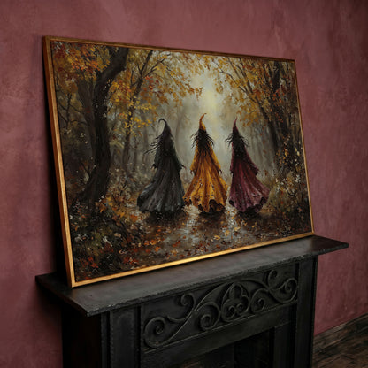 Trio of Witches in the Autumn Forest Canvas Wall Art in rose gold floating frame