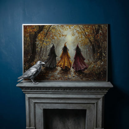 Trio of Witches in the Autumn Forest Canvas Wall Art in silver floating frame
