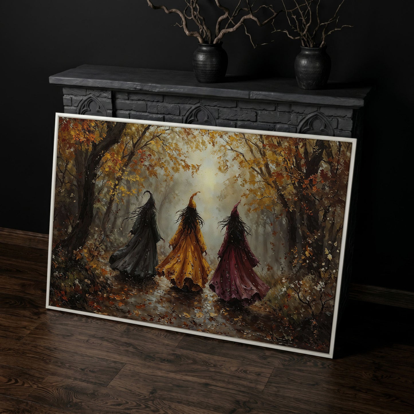 Trio of Witches in the Autumn Forest Canvas Wall Art in white floating frame