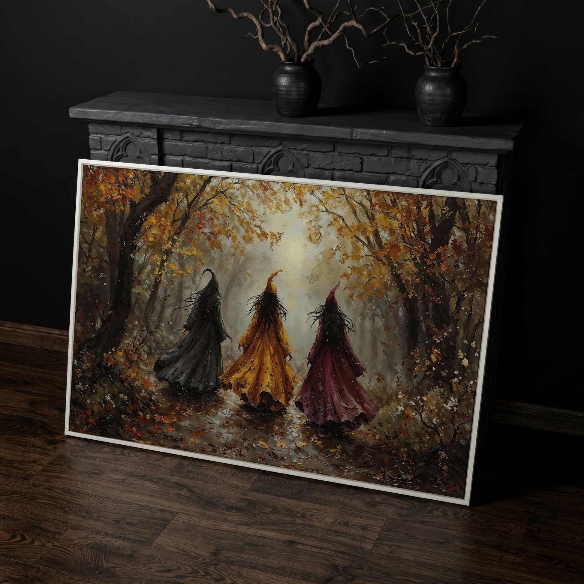 Trio of Witches in the Autumn Forest Canvas Wall Art in white floating frame