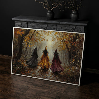 Trio of Witches in the Autumn Forest Canvas Wall Art in white floating frame