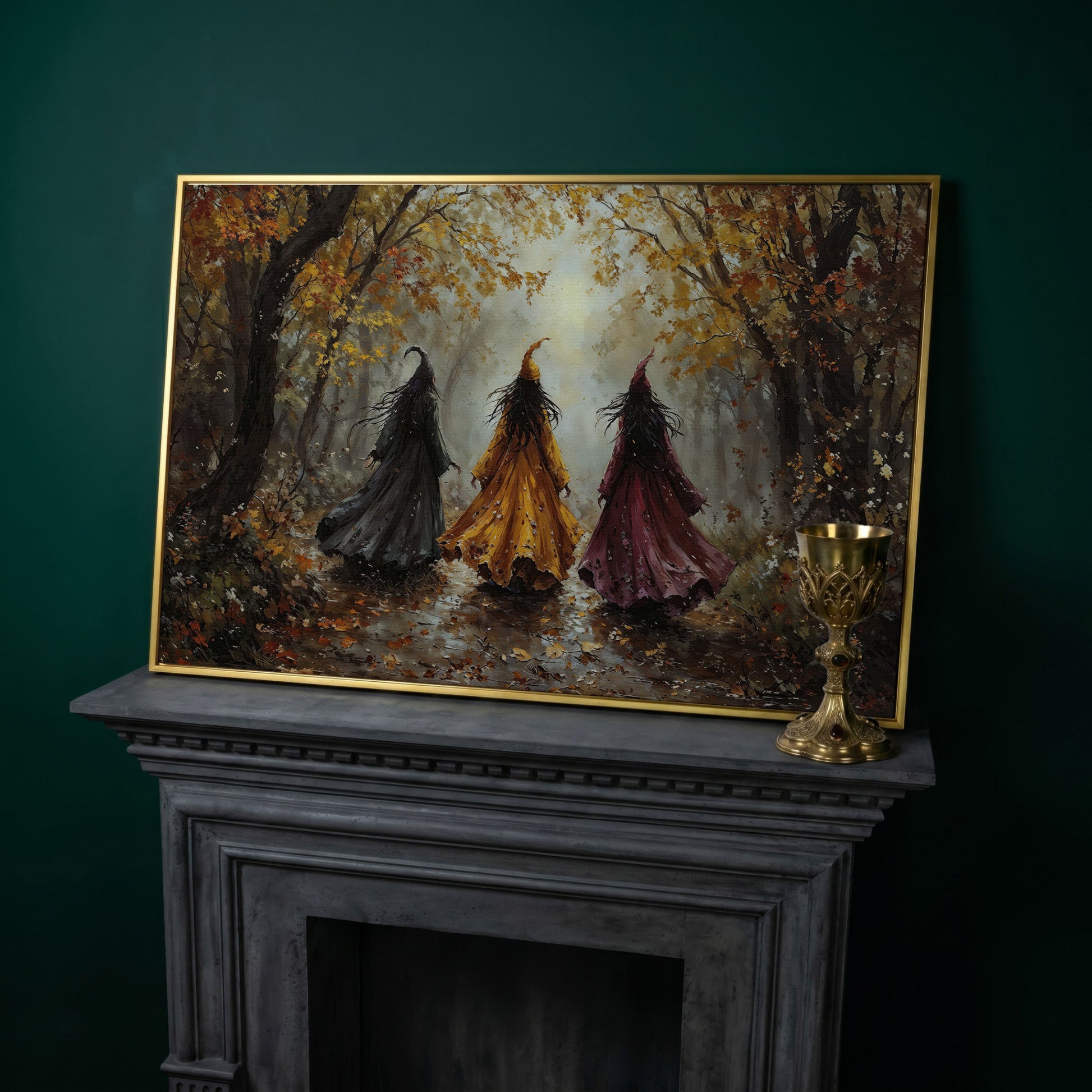 Trio of Witches in the Autumn Forest Canvas Wall Art in yellow gold floating frame