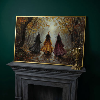Trio of Witches in the Autumn Forest Canvas Wall Art in yellow gold floating frame