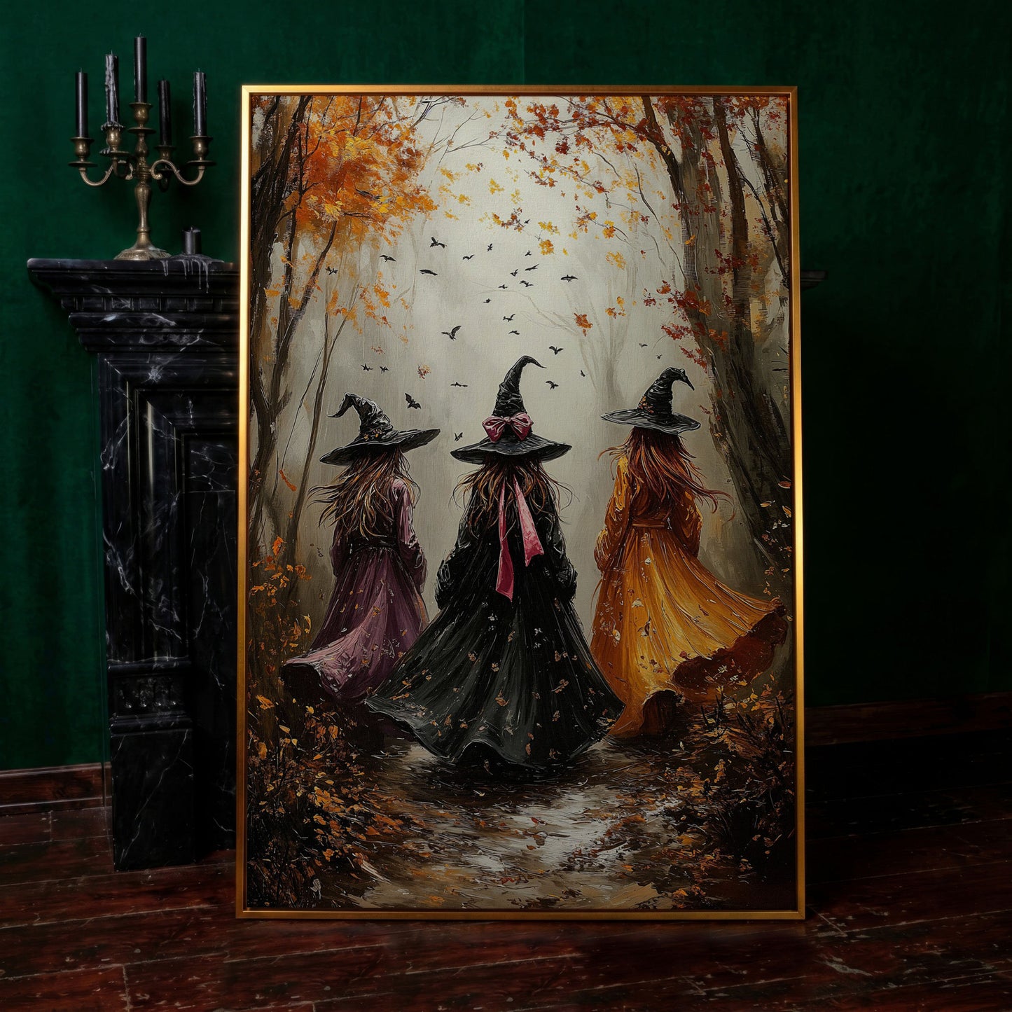 Three Witches in Autumnal Forest Canvas in antique gold floating frame