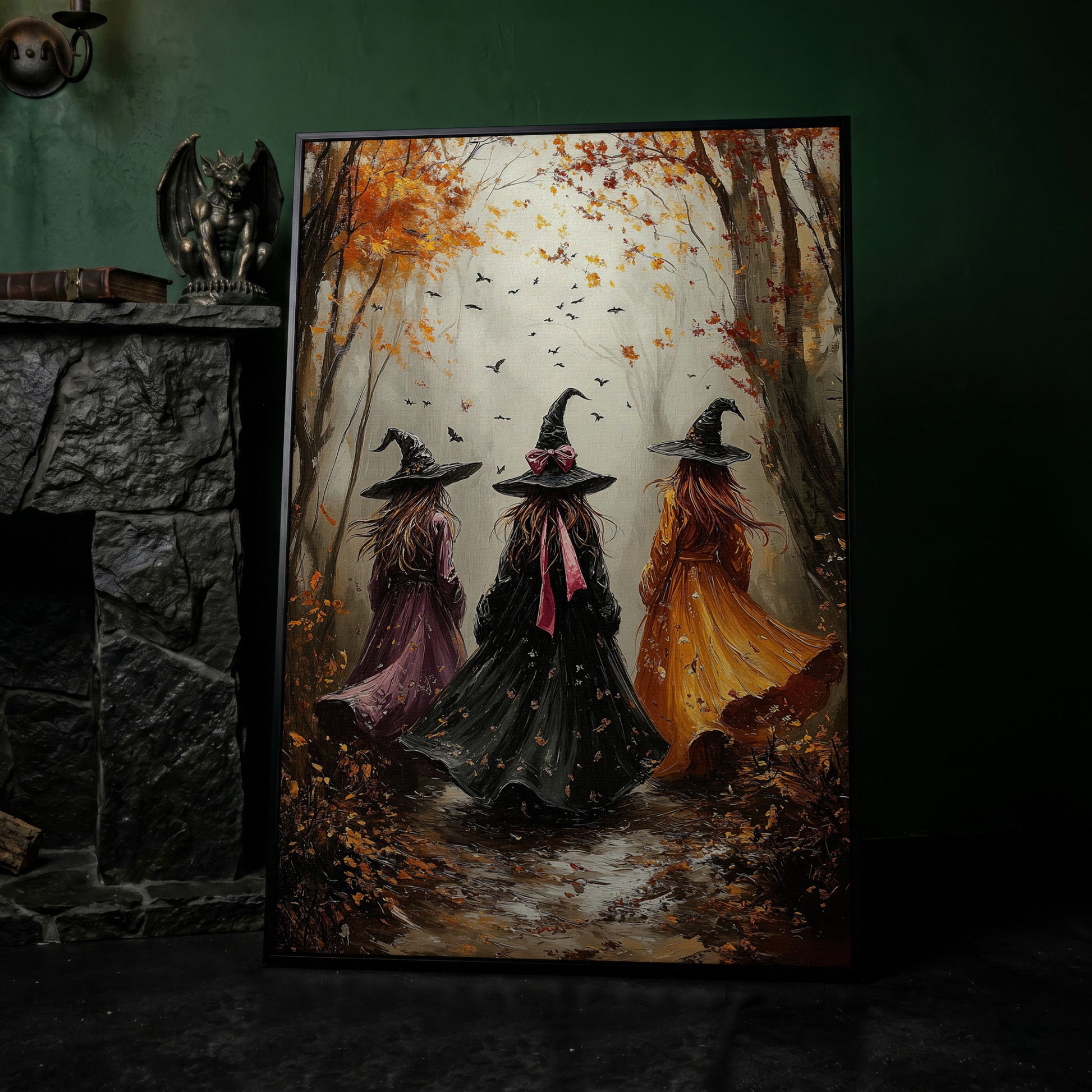 Three Witches in Autumnal Forest Canvas in black floating frame