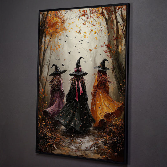Three Witches in Autumnal Forest Canvas shown in black floating frame