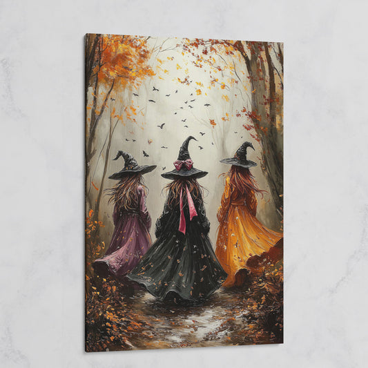 Three Witches in Autumnal Forest Canvas on gallery wrap
