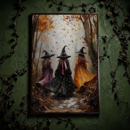 Three Witches in Autumnal Forest Canvas in dark walnut floating frame