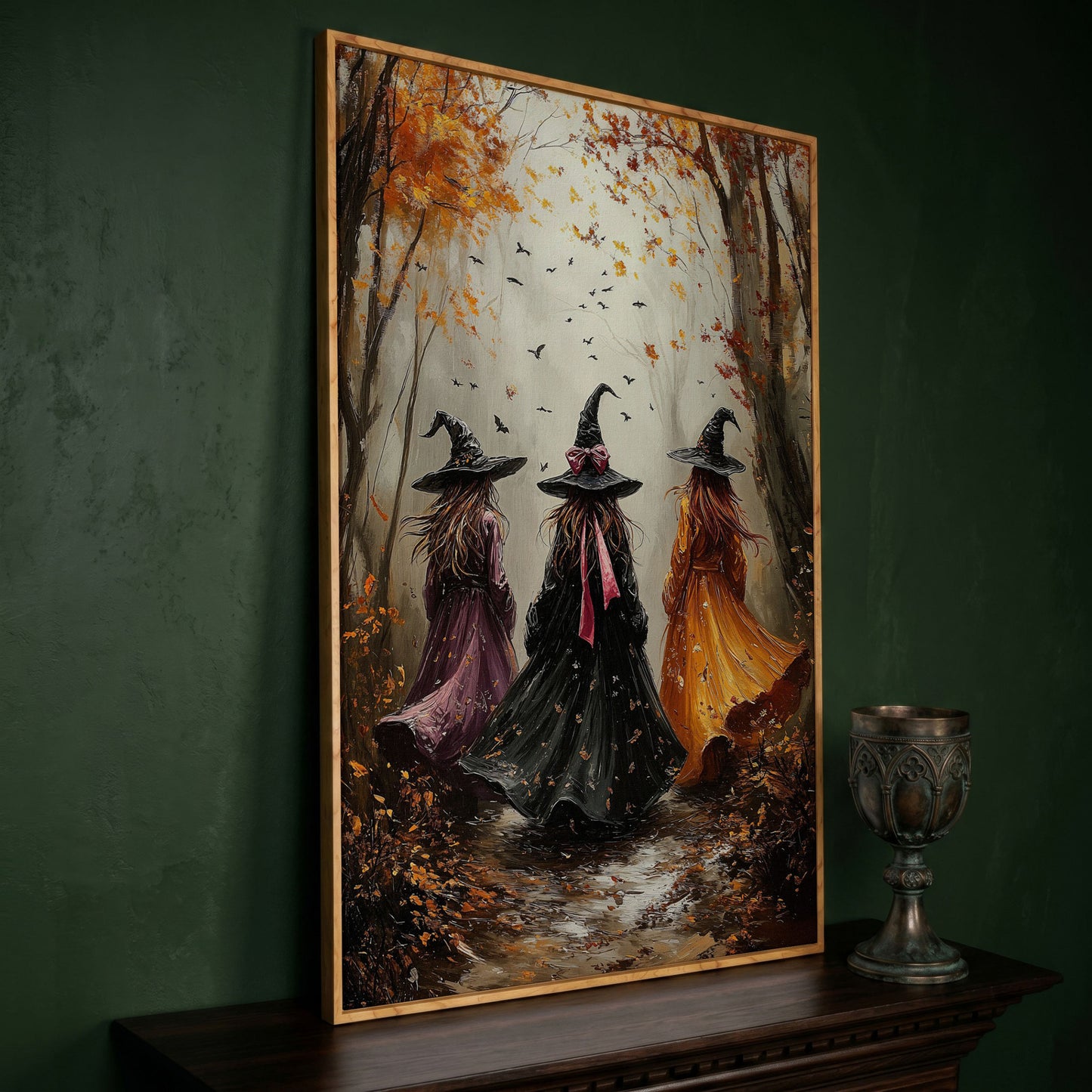 Three Witches in Autumnal Forest Canvas in white oak floating frame