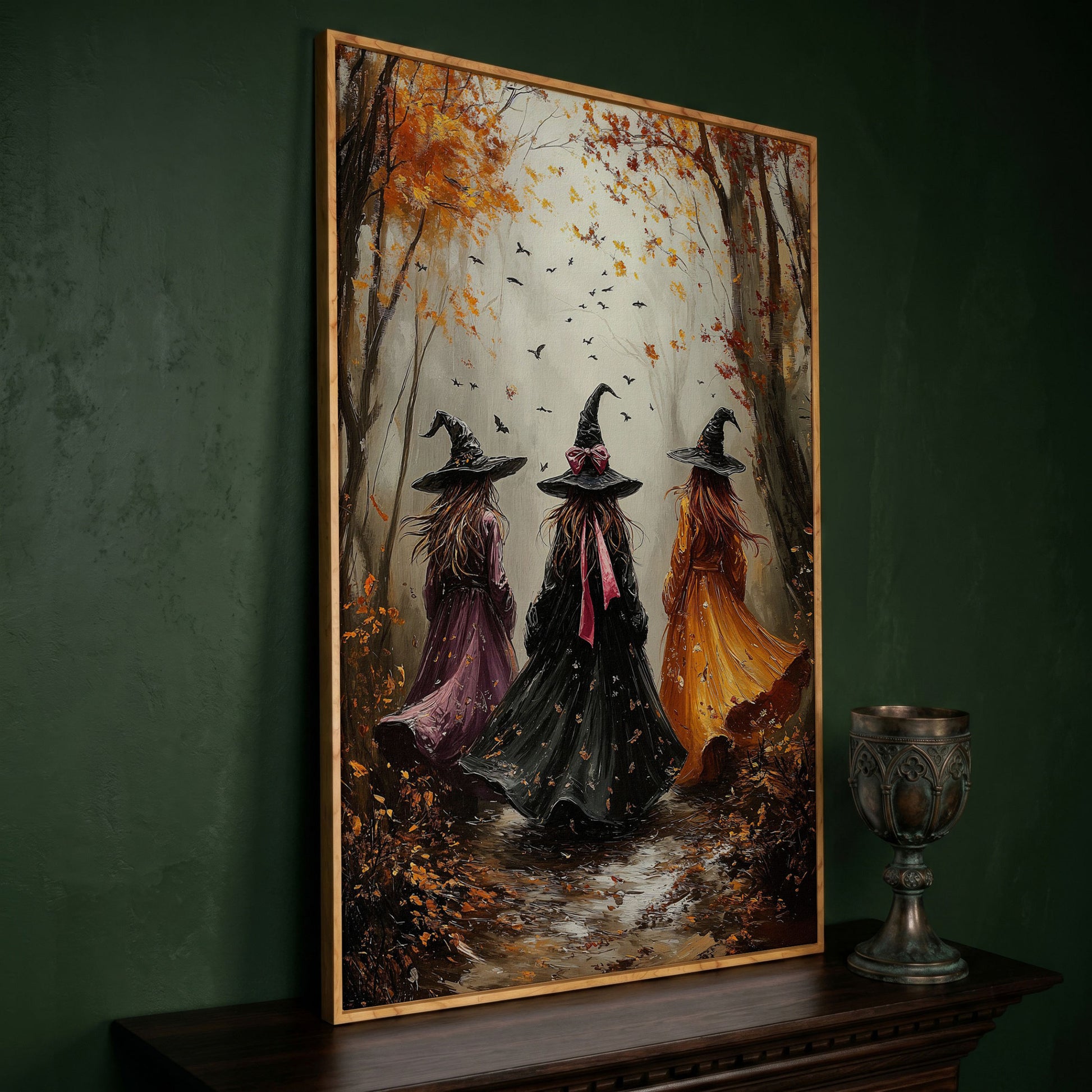 Three Witches in Autumnal Forest Canvas in white oak floating frame