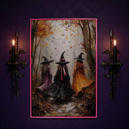 Three Witches in Autumnal Forest Canvas in pink floating frame