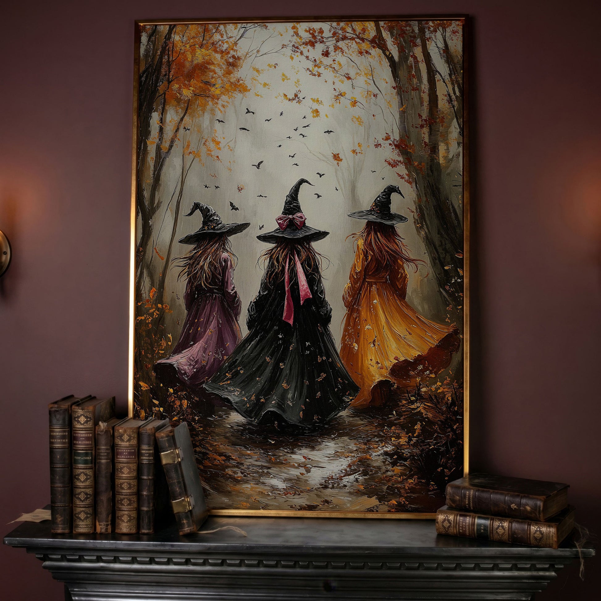 Three Witches in Autumnal Forest Canvas in rose gold floating frame