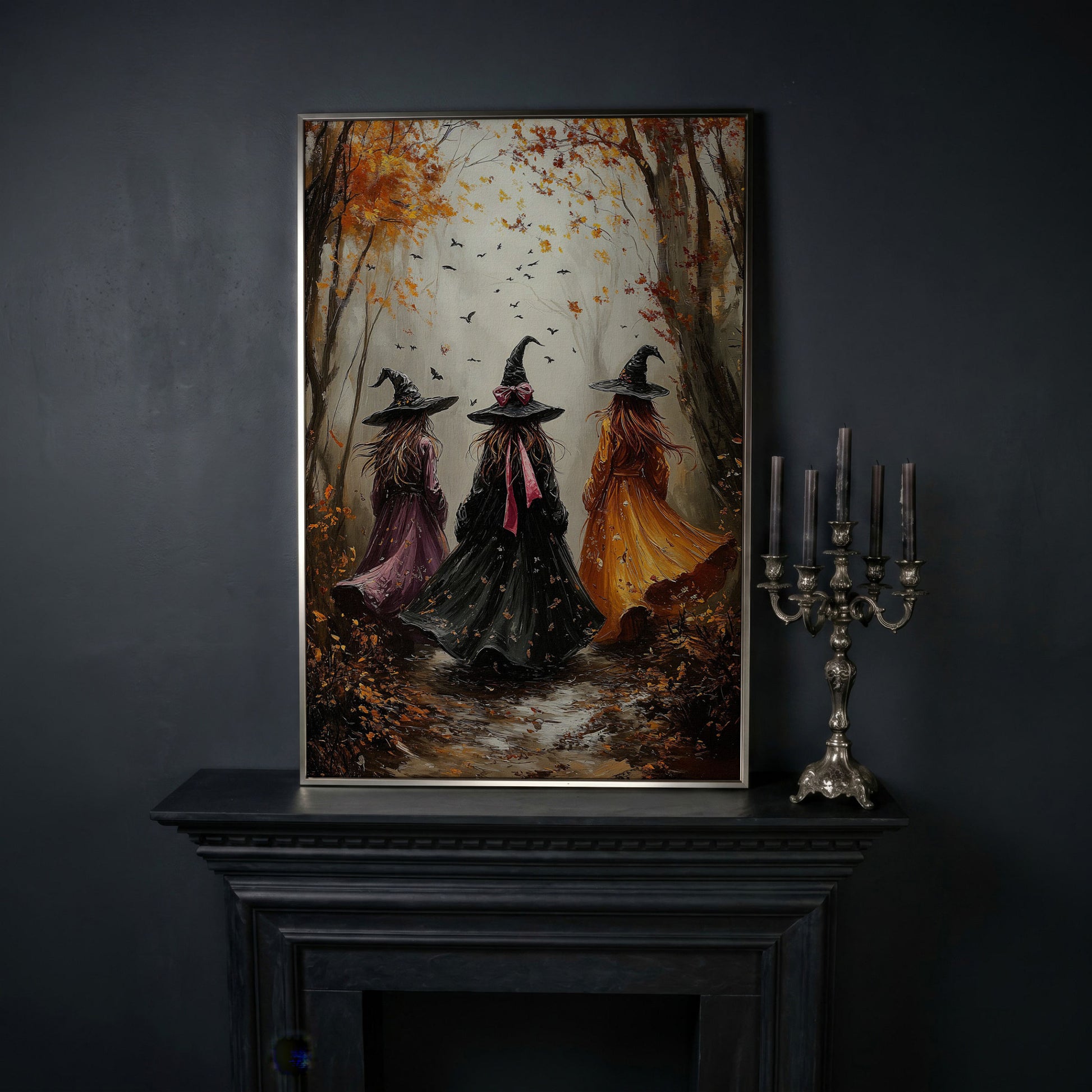 Three Witches in Autumnal Forest Canvas in silver floating frame