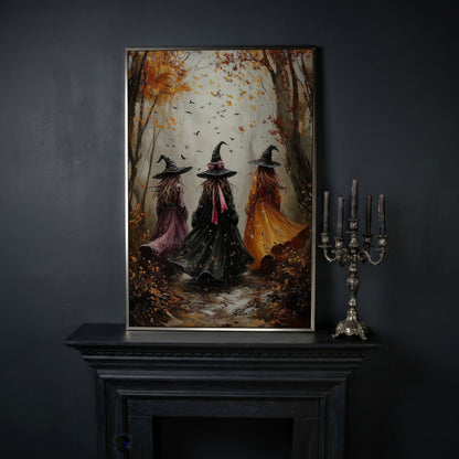Three Witches in Autumnal Forest Canvas in silver floating frame