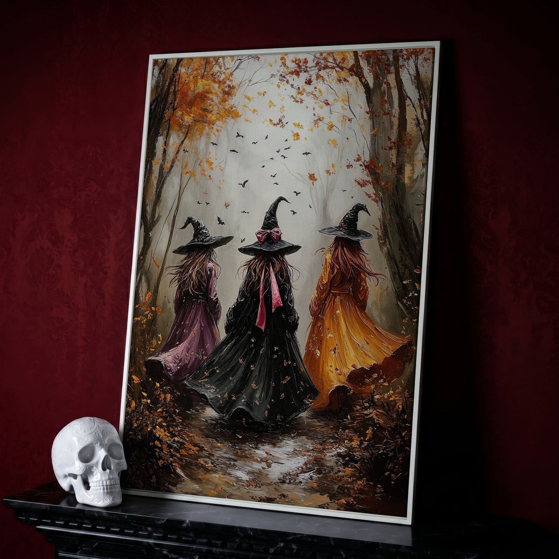 Three Witches in Autumnal Forest Canvas in white floating frame
