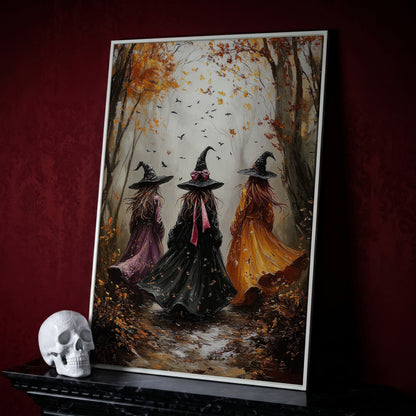 Three Witches in Autumnal Forest Canvas in white floating frame