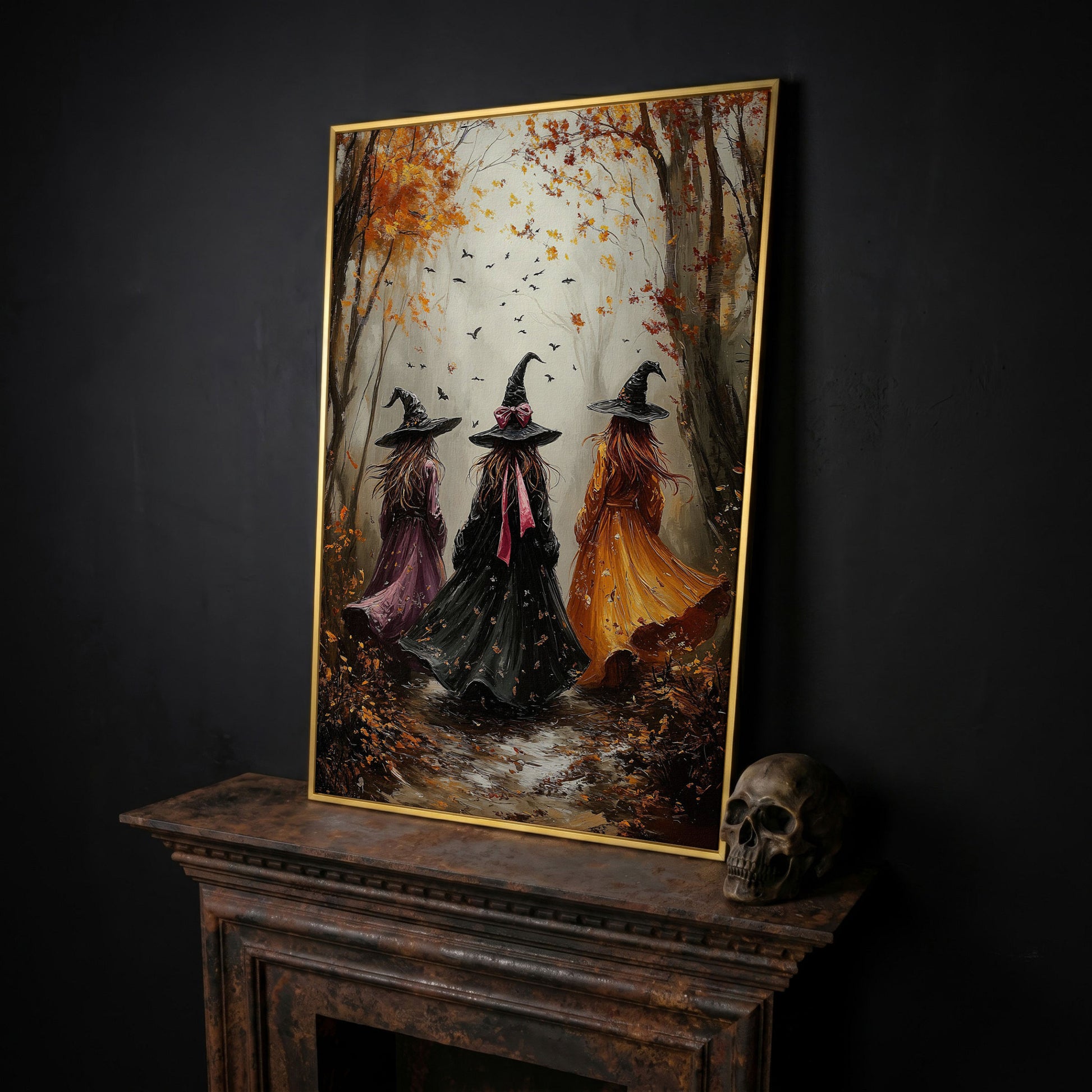 Three Witches in Autumnal Forest Canvas in yellow gold floating frame