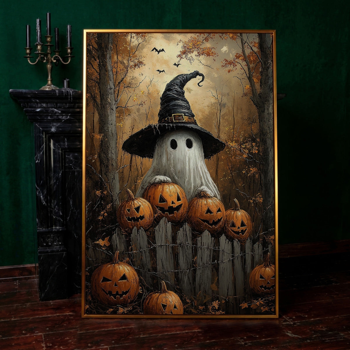 Ghost Wearing Witch Hat Canvas in antique gold floating frame