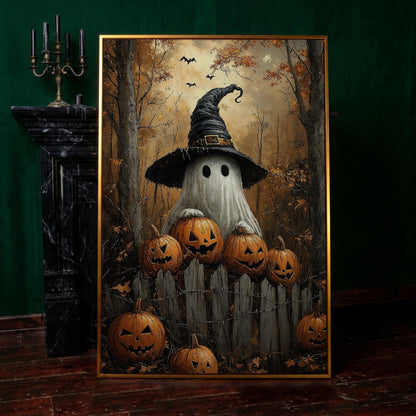 Ghost Wearing Witch Hat Canvas in antique gold floating frame