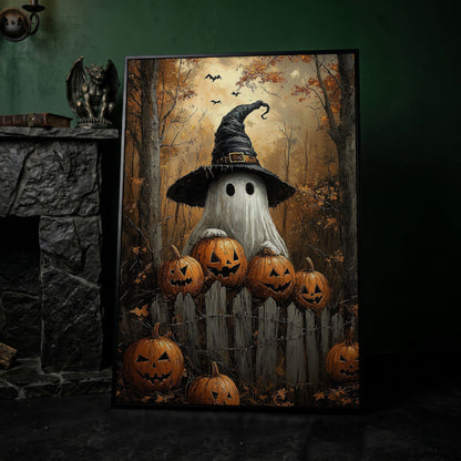 Ghost Wearing Witch Hat Canvas in black floating frame