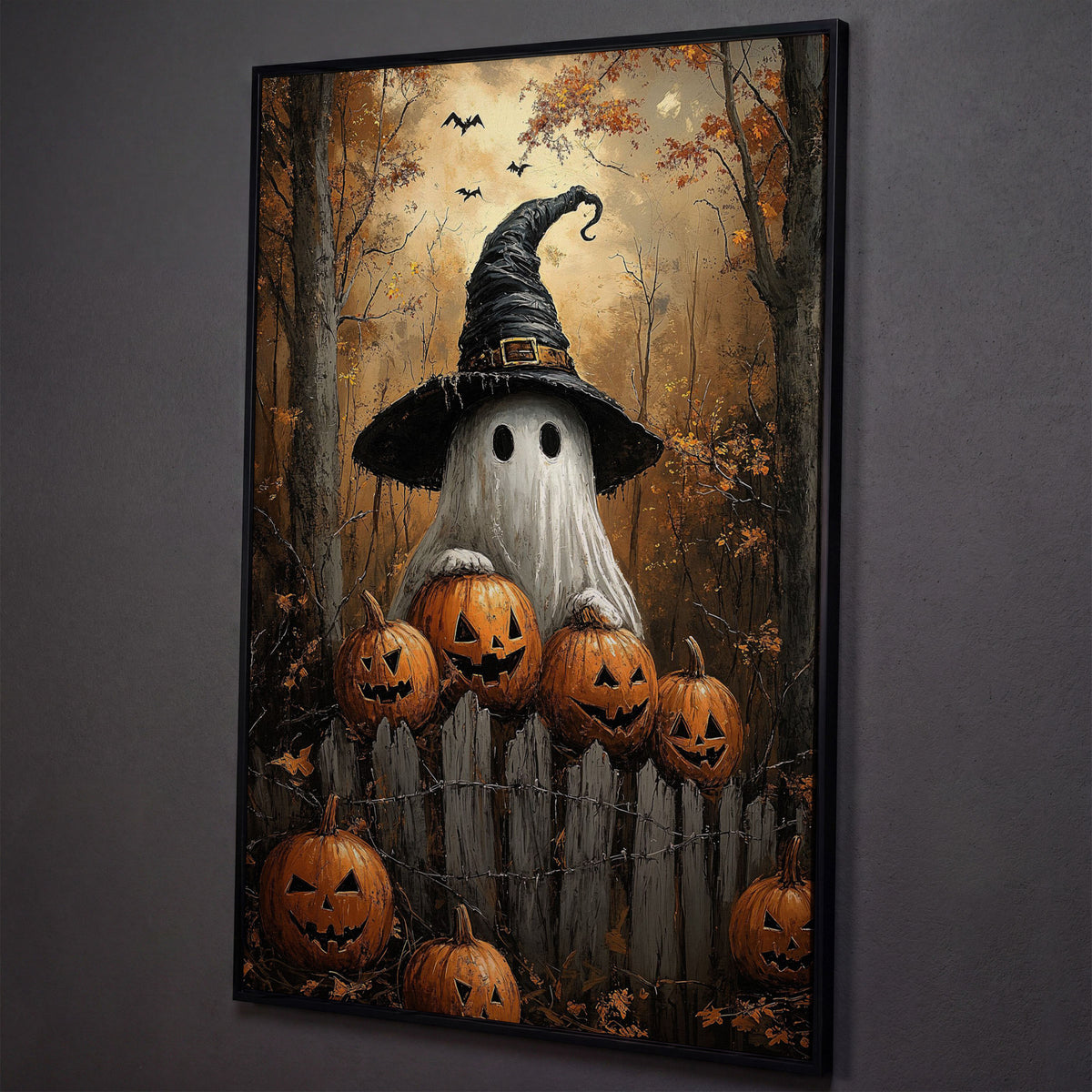 Ghost Wearing Witch Hat Canvas shown in black floating frame