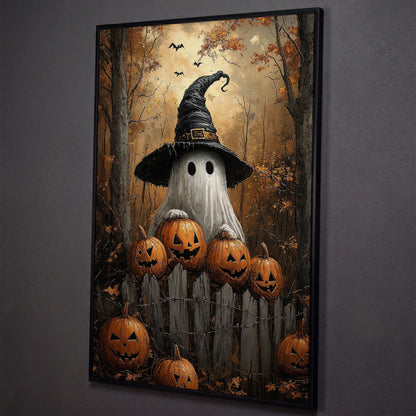 Ghost Wearing Witch Hat Canvas shown in black floating frame