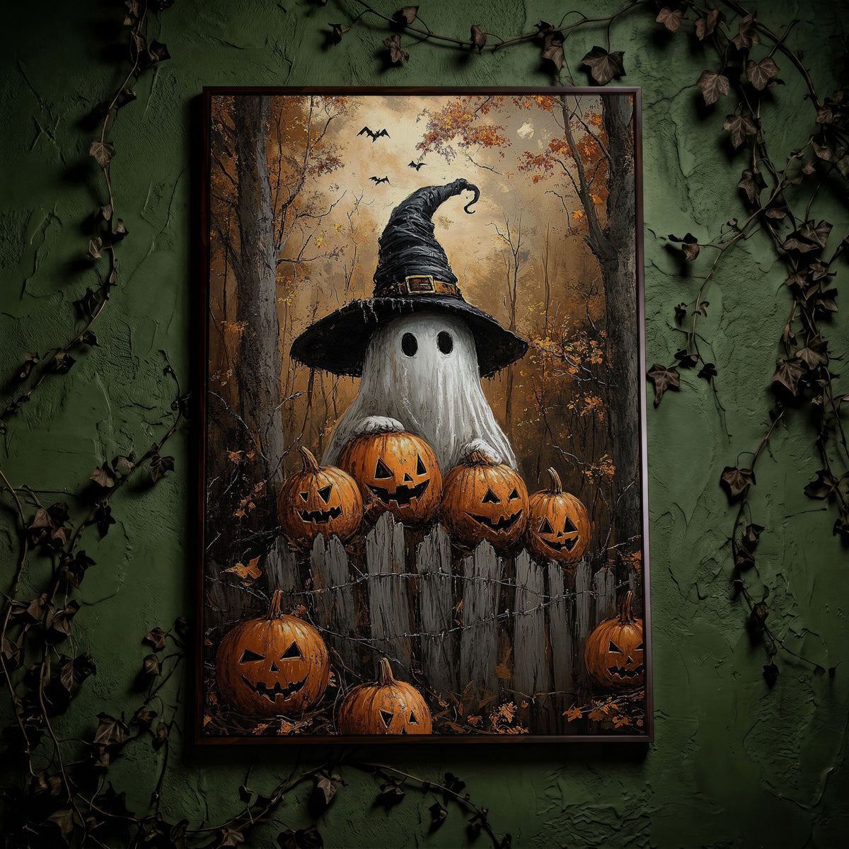 Ghost Wearing Witch Hat Canvas in dark walnut floating frame