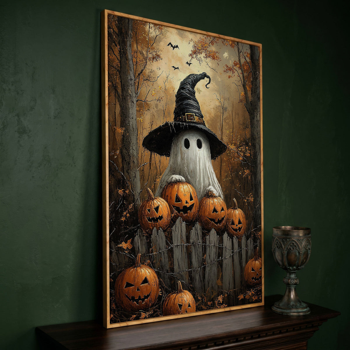 Ghost Wearing Witch Hat Canvas in white oak floating frame