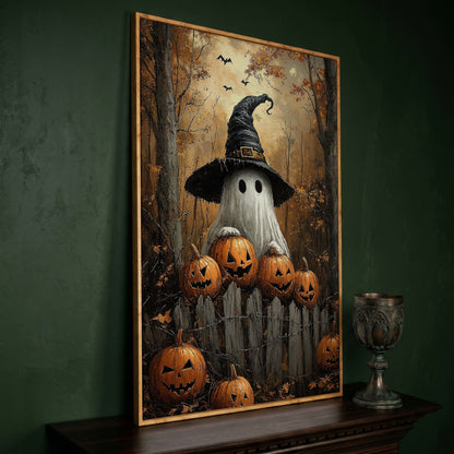 Ghost Wearing Witch Hat Canvas in white oak floating frame