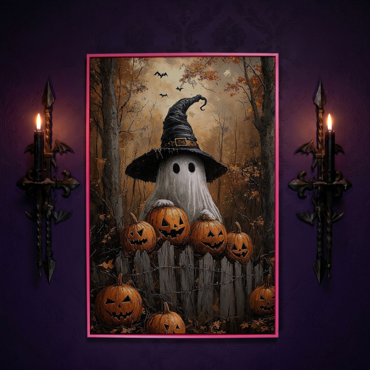 Ghost Wearing Witch Hat Canvas in pink floating frame