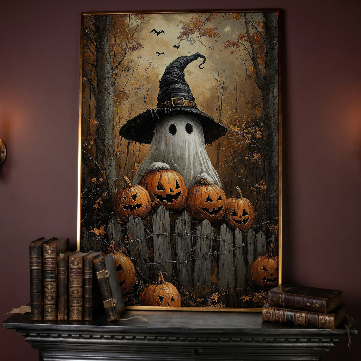 Ghost Wearing Witch Hat Canvas in rose gold floating frame