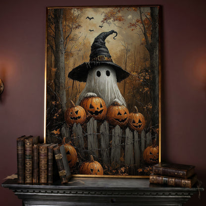 Ghost Wearing Witch Hat Canvas in rose gold floating frame