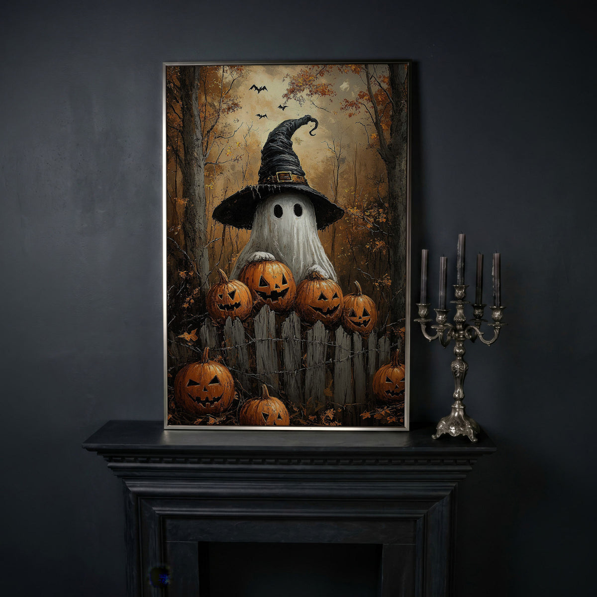 Ghost Wearing Witch Hat Canvas in silver floating frame