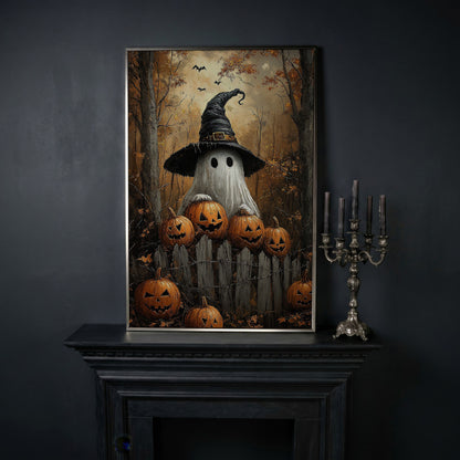 Ghost Wearing Witch Hat Canvas in silver floating frame