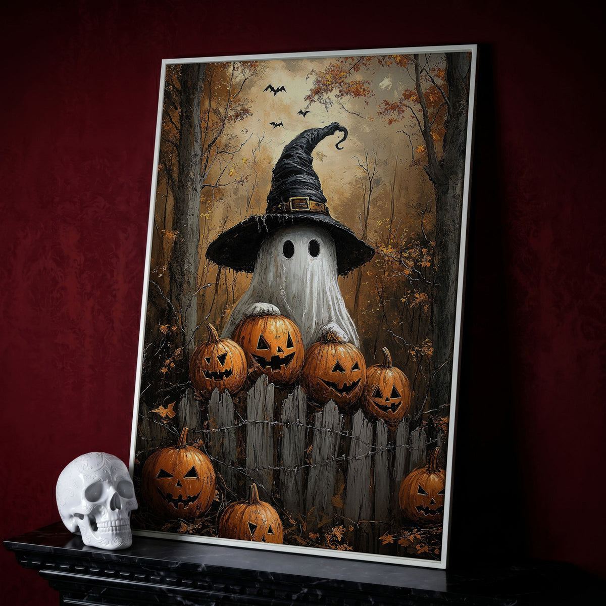 Ghost Wearing Witch Hat Canvas in white floating frame
