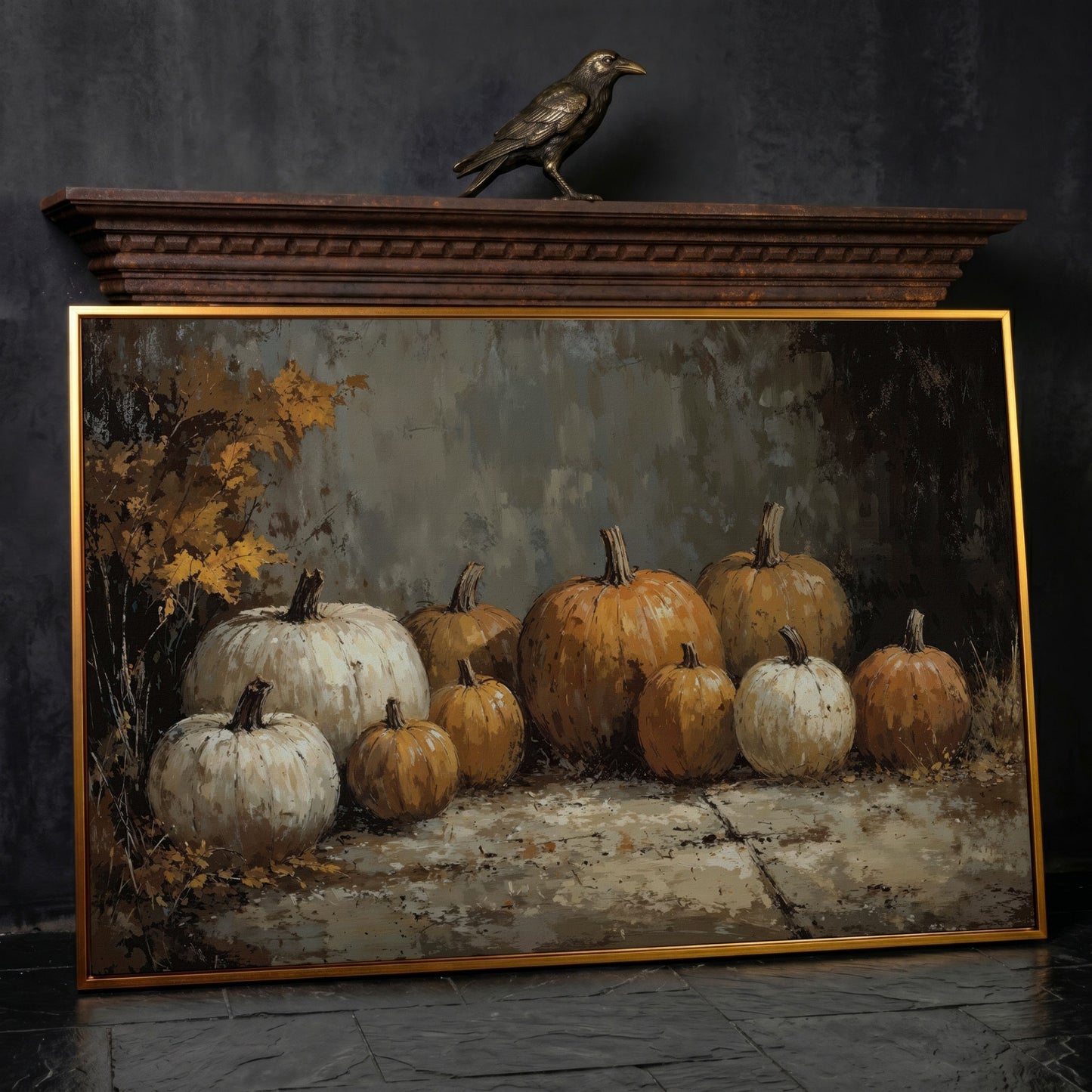 Rustic Pumpkins Still Life Canvas in antique gold floating frame