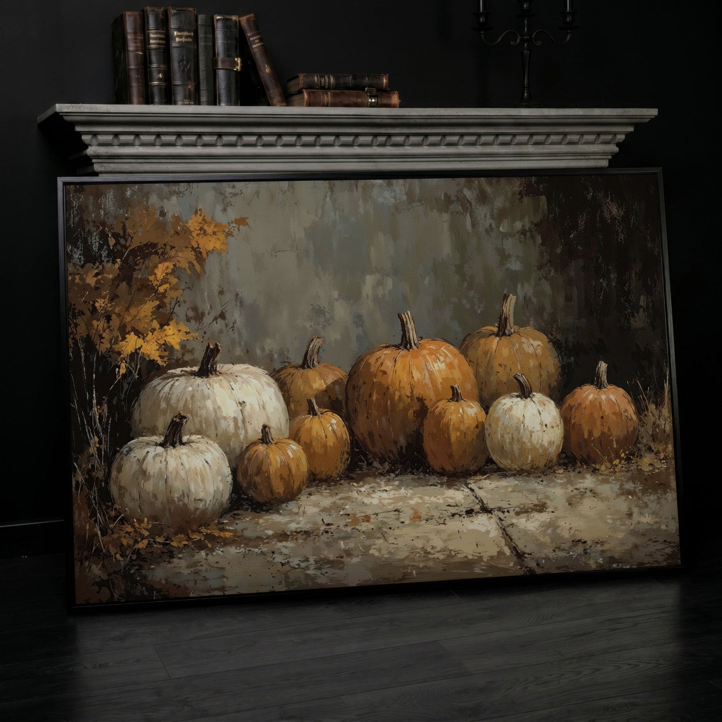 Rustic Pumpkins Still Life Canvas in black floating frame