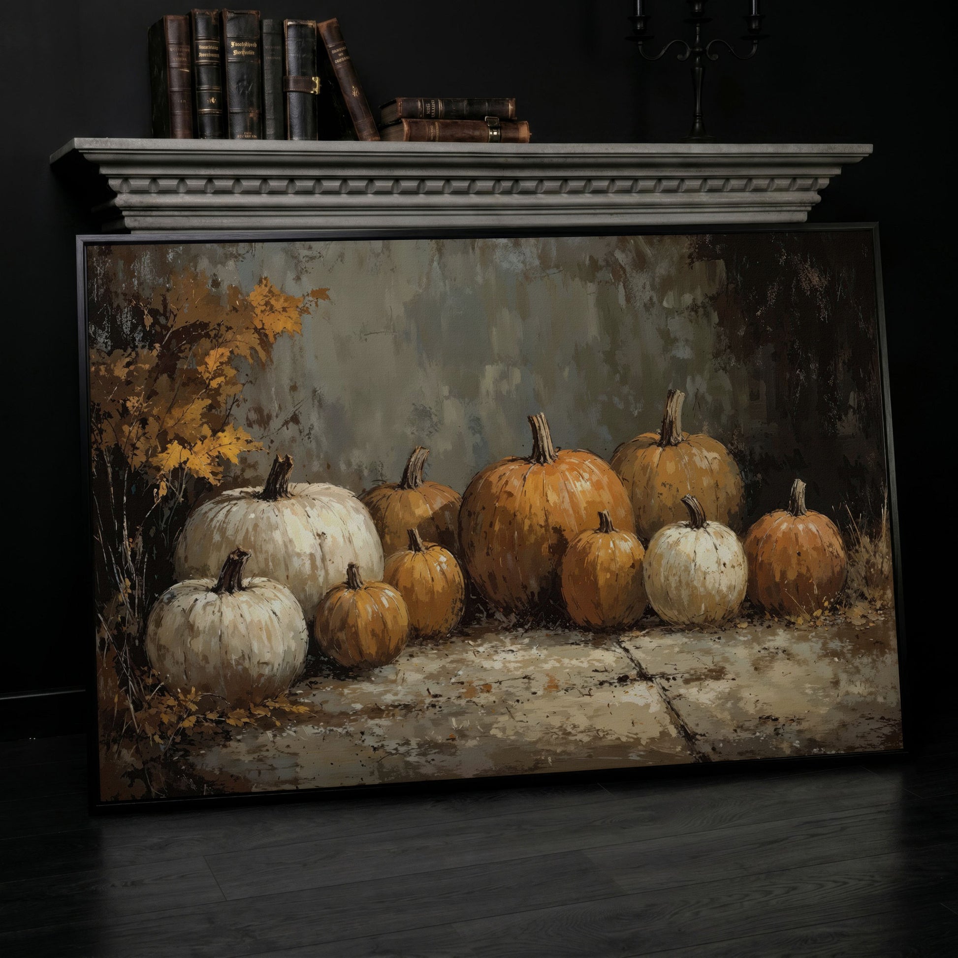 Rustic Pumpkins Still Life Canvas in black floating frame