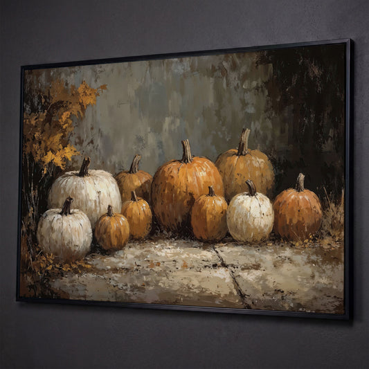 Rustic Pumpkins Still Life Canvas shown in black floating frame