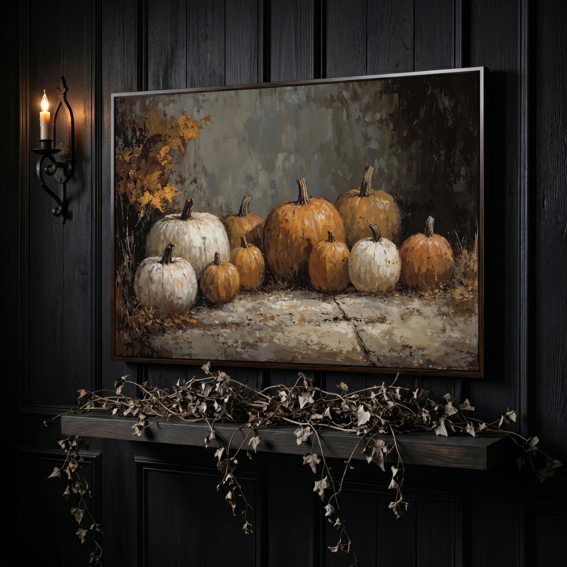 Rustic Pumpkins Still Life Canvas in dark walnut floating frame