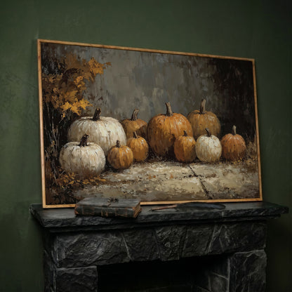 Rustic Pumpkins Still Life Canvas in white oak floating frame