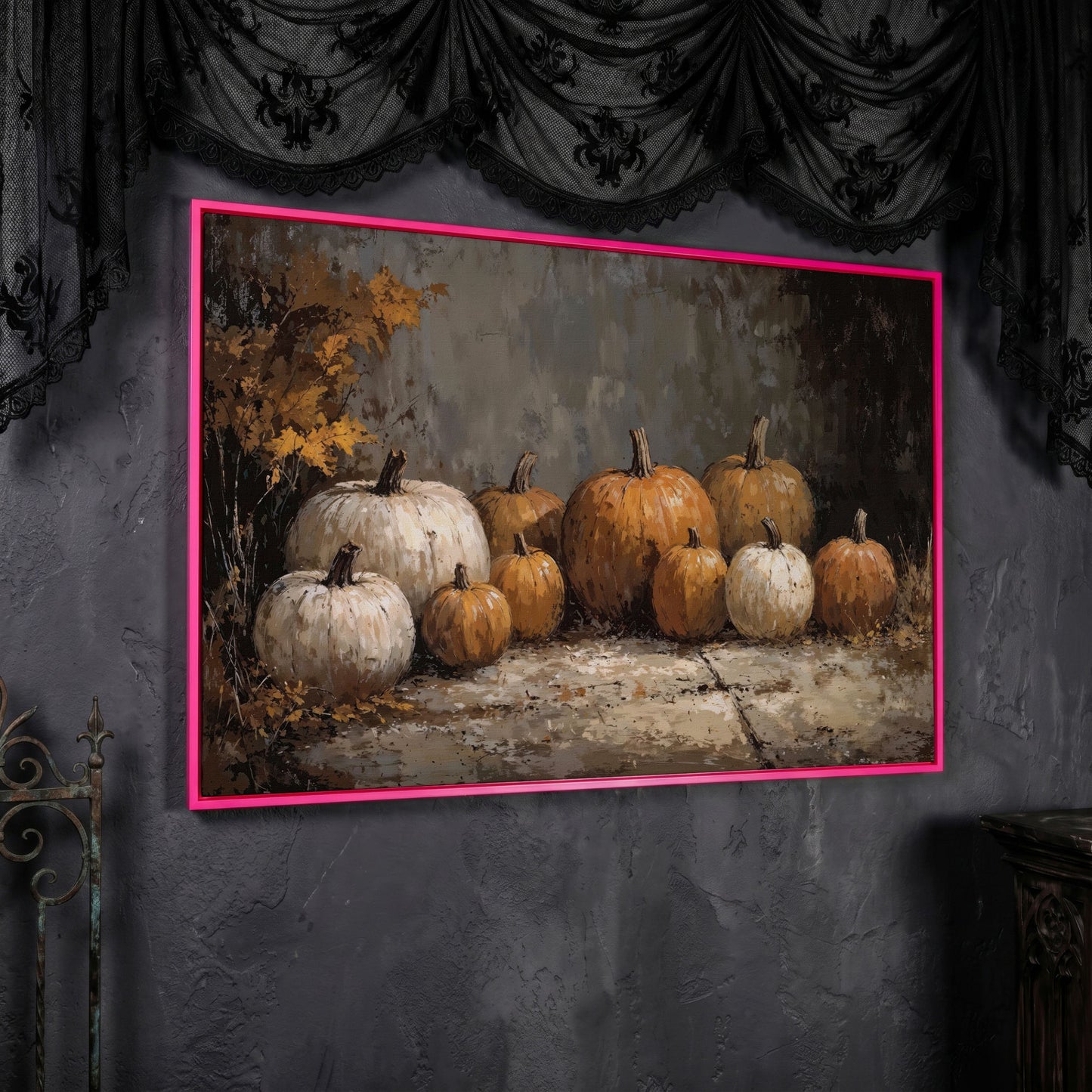 Rustic Pumpkins Still Life Canvas in pink floating frame