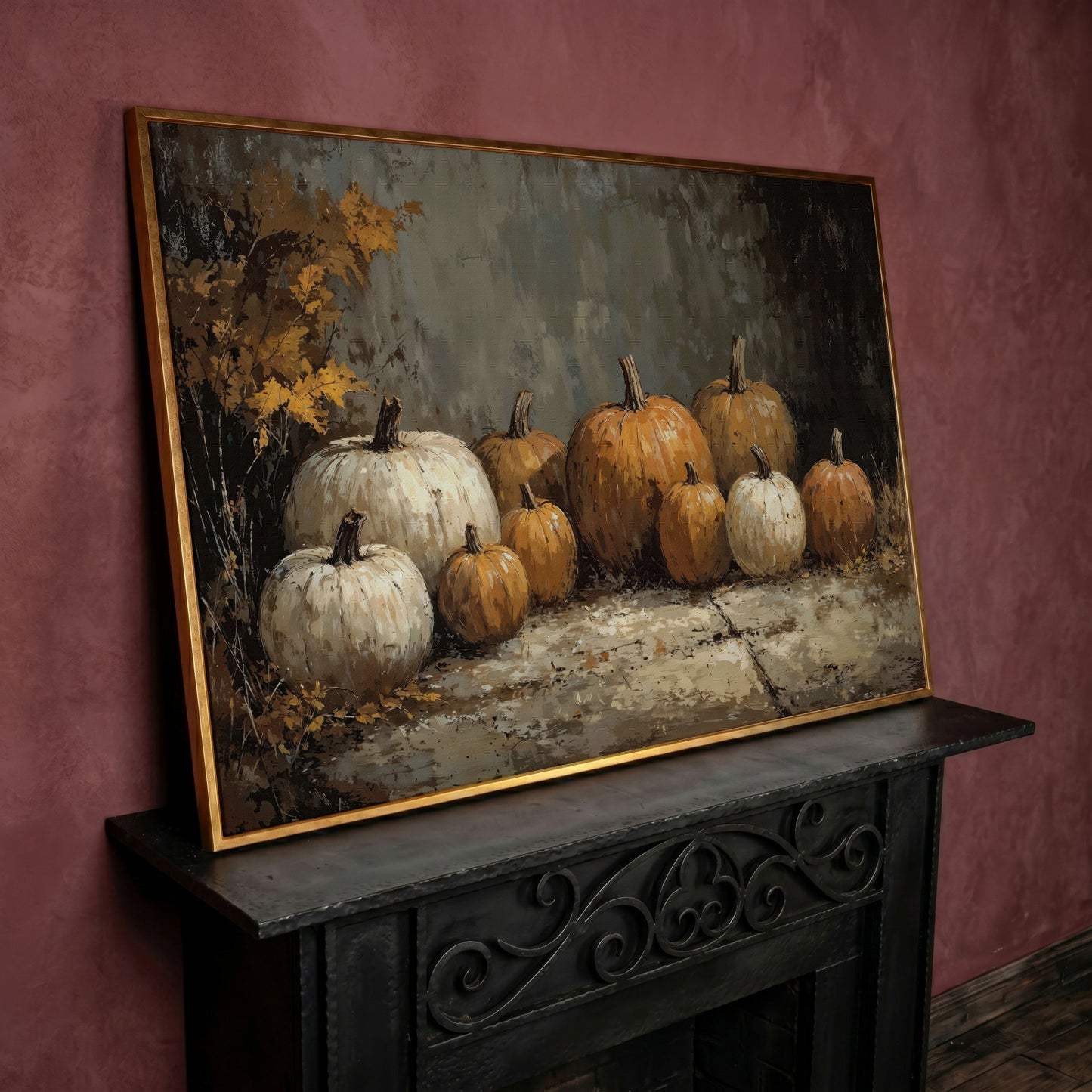 Rustic Pumpkins Still Life Canvas in rose gold floating frame